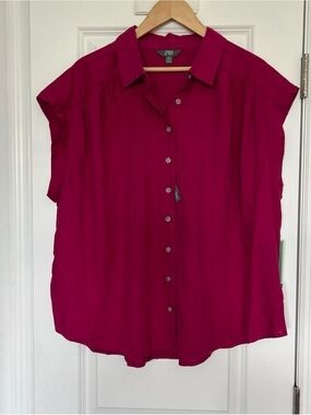 Terra & Sky Women's Plus Linen Blend Camp Shirt, Size 1x Pink/Dark Azalea